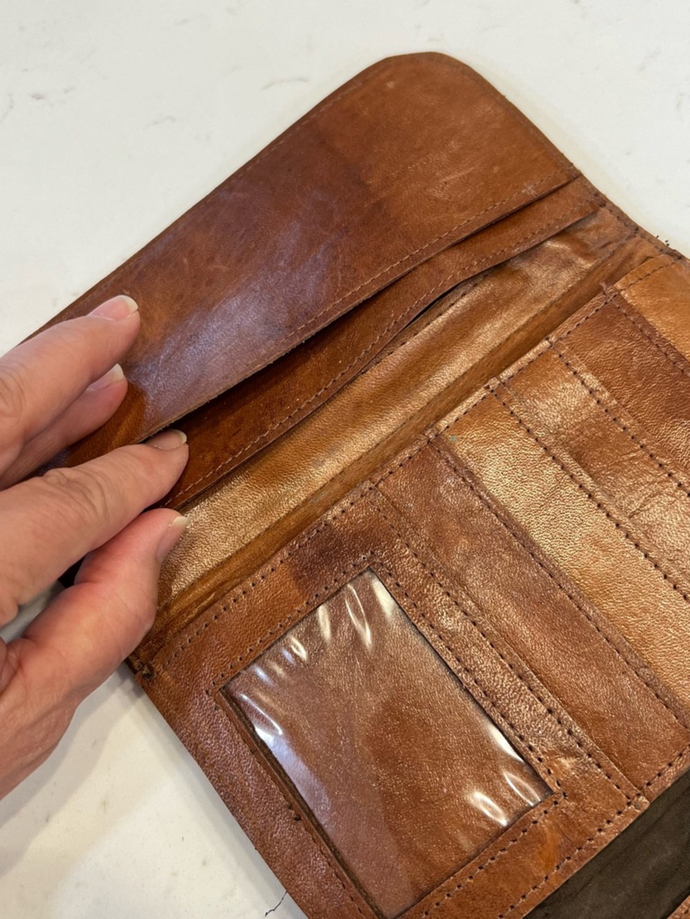 Hand-Tooled Tan Leather Wallet Clutch with Decorative Silver Concho - Picture 4 of 10